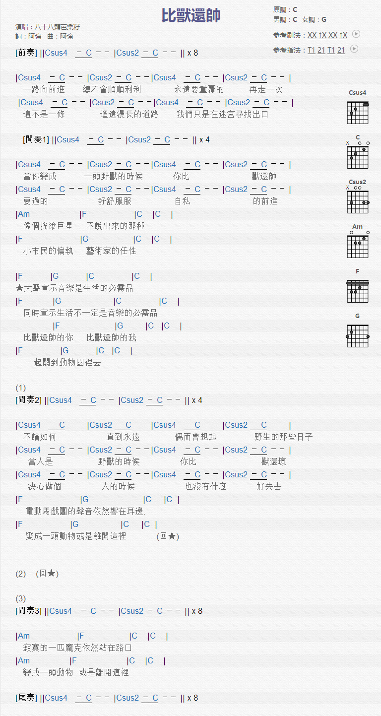 比兽还帅_吉他谱_八十八颗芭乐籽1