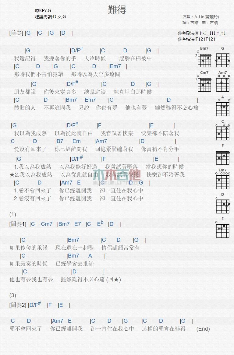 难得_吉他谱_黄丽玲1