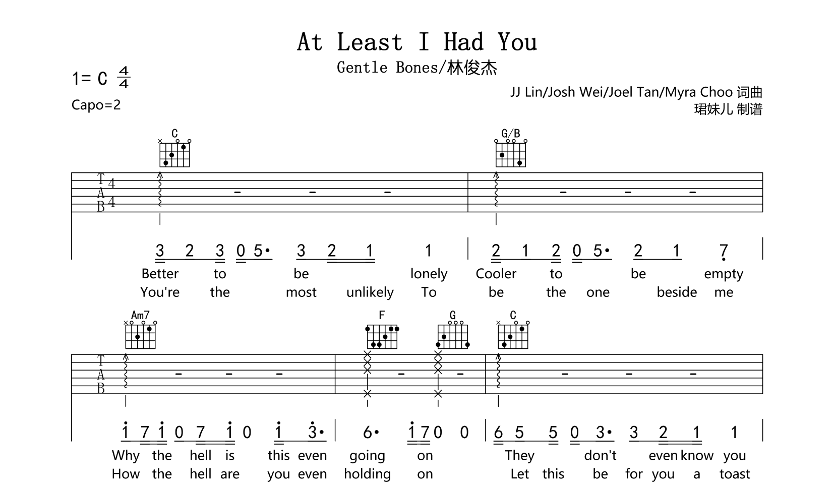 《At Least I Had You》吉他谱_Gentle Bones&林俊杰_C调简单版1
