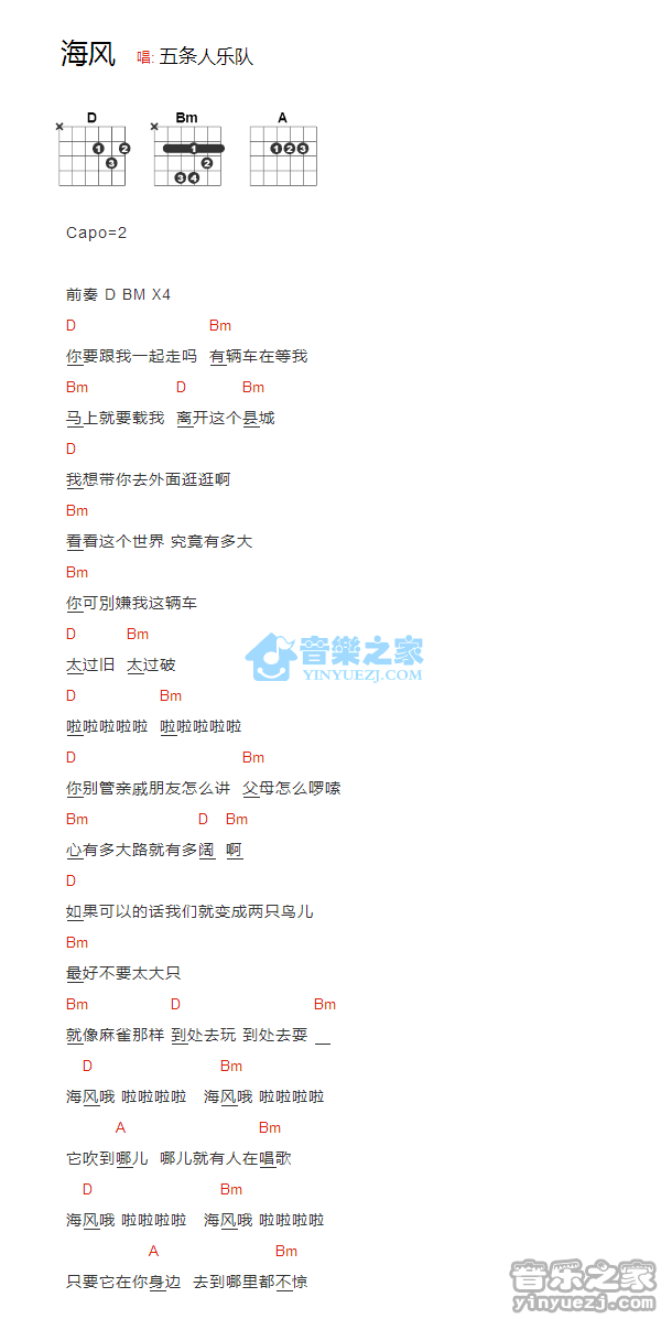 海风吉他谱 D调和弦谱-五条人乐队1