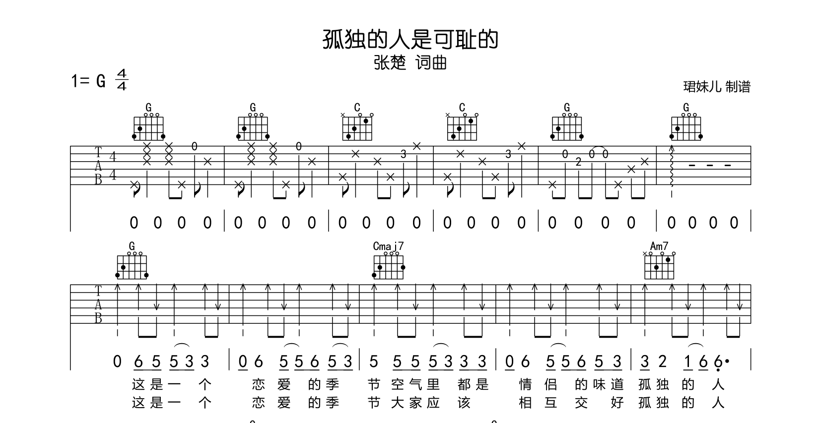 张楚《孤独的人是可耻的》吉他谱_G调原版吉他谱1