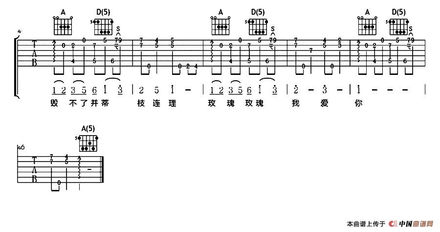 玫瑰玫瑰我爱你吉他谱 A调女生版_吉他大本营编配_王若琳3