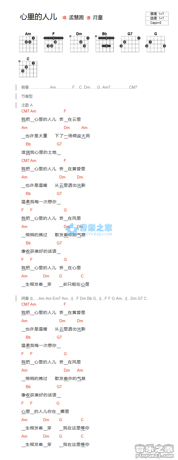 心里的人儿吉他谱 C调和弦谱_音乐之家编配_孟慧圆1