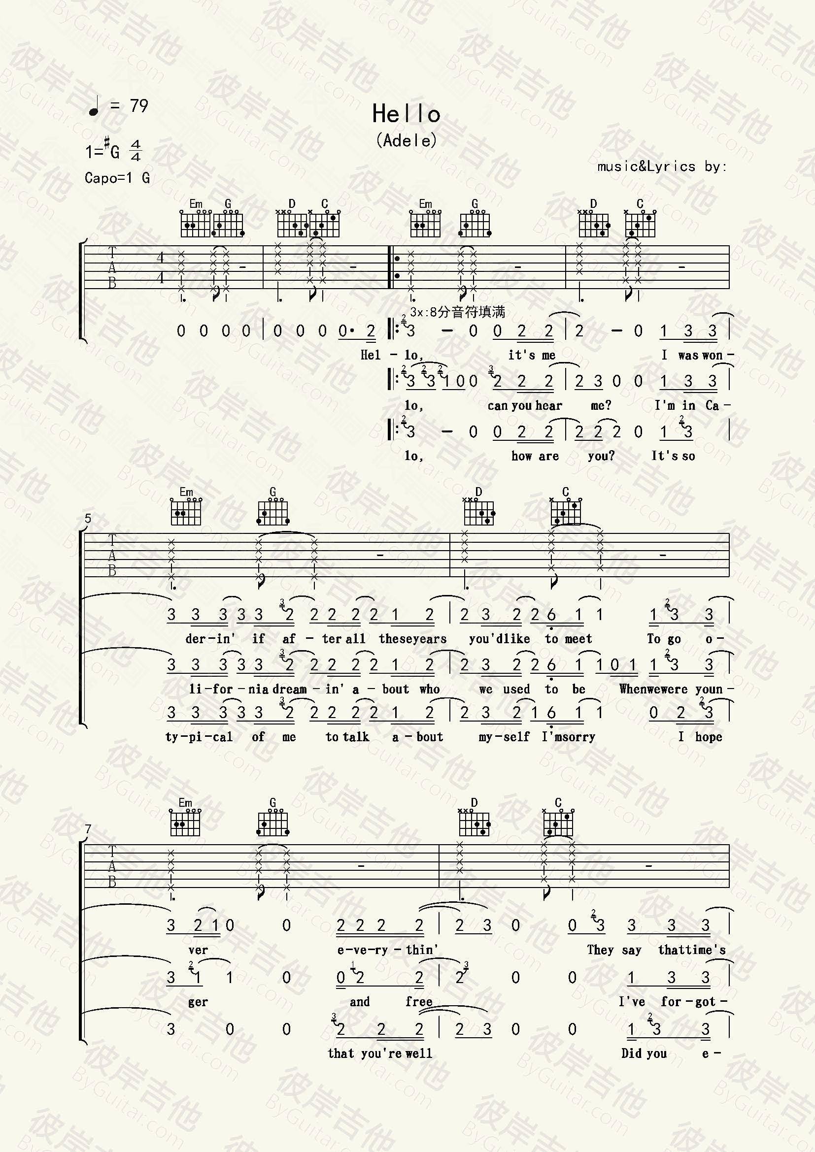 Hello吉他谱-Adele阿黛尔-《Hello》G调原版弹唱谱-高清六线谱1