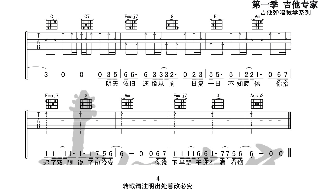 你说吉他谱-枯木逢春-《你说》C调简单版弹唱谱-高清六线谱4