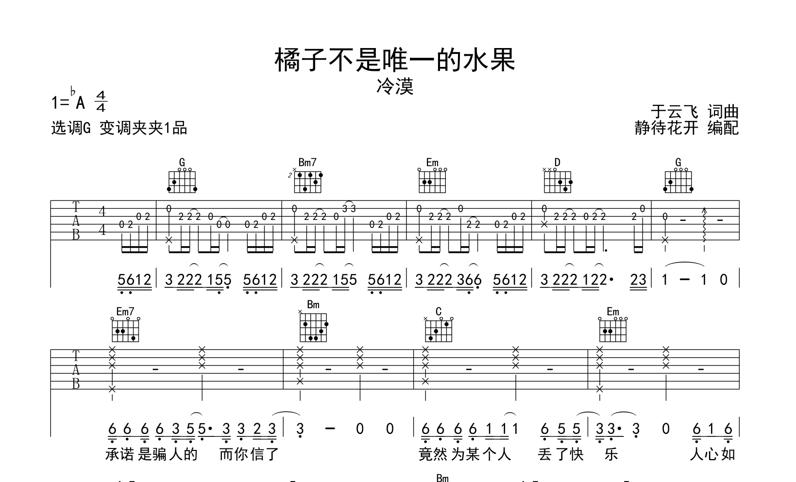 橘子不是唯一的水果吉他谱-冷漠-G调原版弹唱吉他谱1