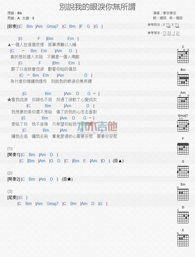 别说我的眼泪你无所谓_吉他谱_东来东往1