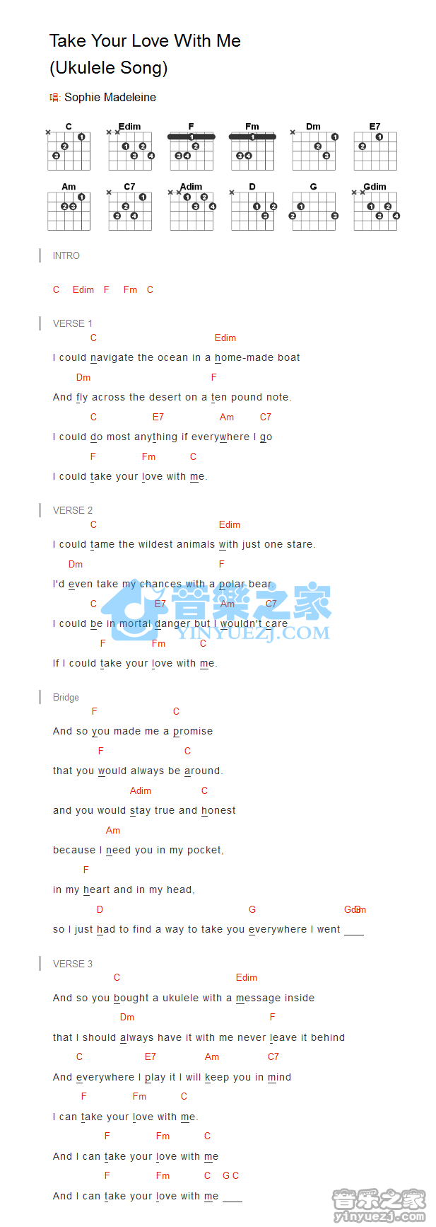 Take Your Love With Me吉他谱 C调和弦谱-Sophie Madeleine1