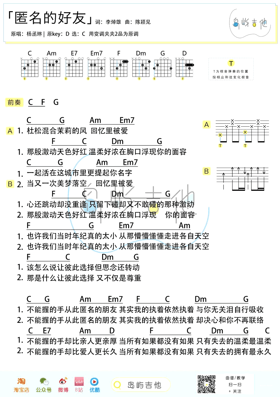 匿名的好友吉他谱_杨丞琳_C调弹唱谱_吉他教学视频2