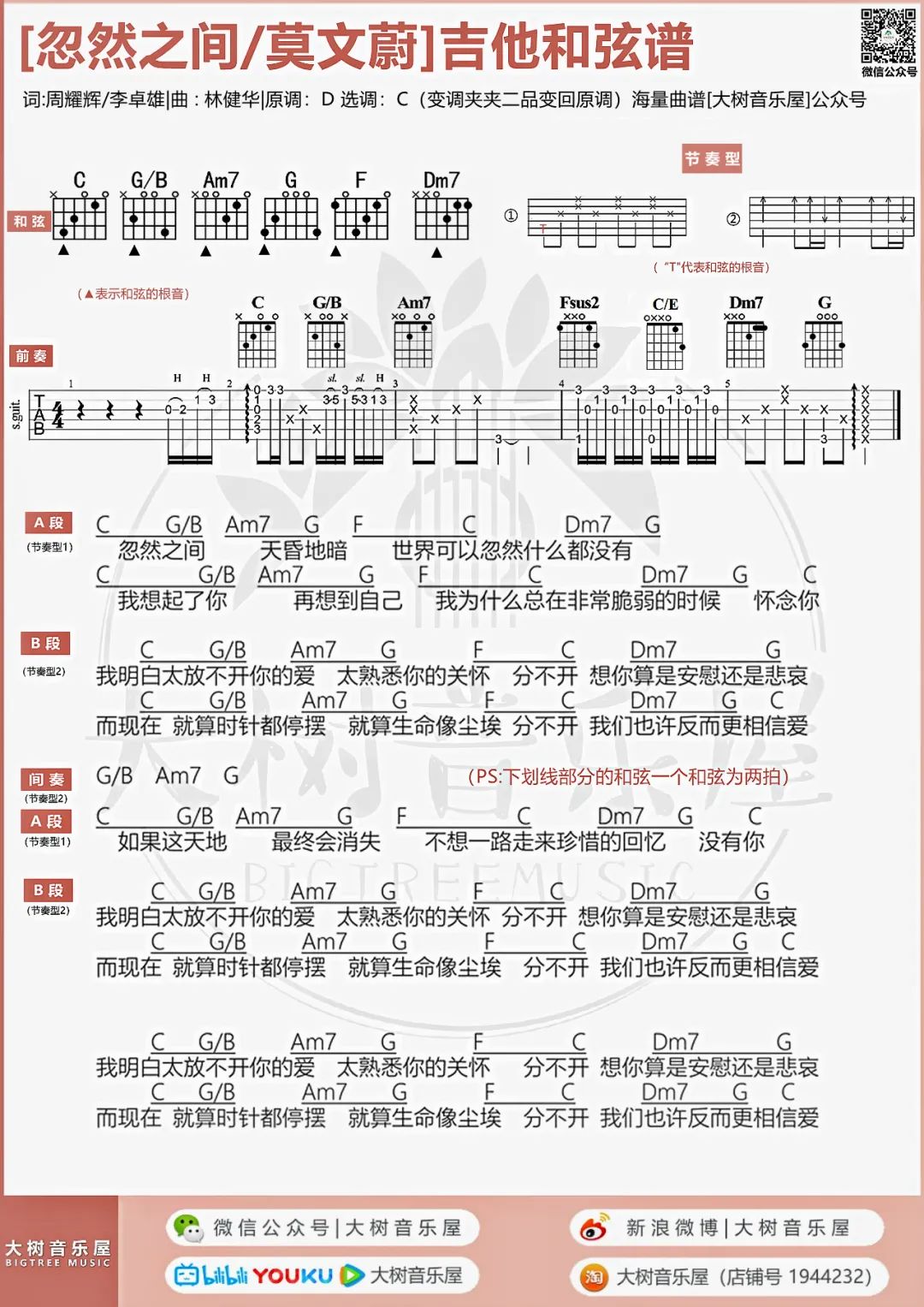 忽然之间吉他谱_莫文蔚_C调六线谱/和弦谱_吉他弹唱教学3