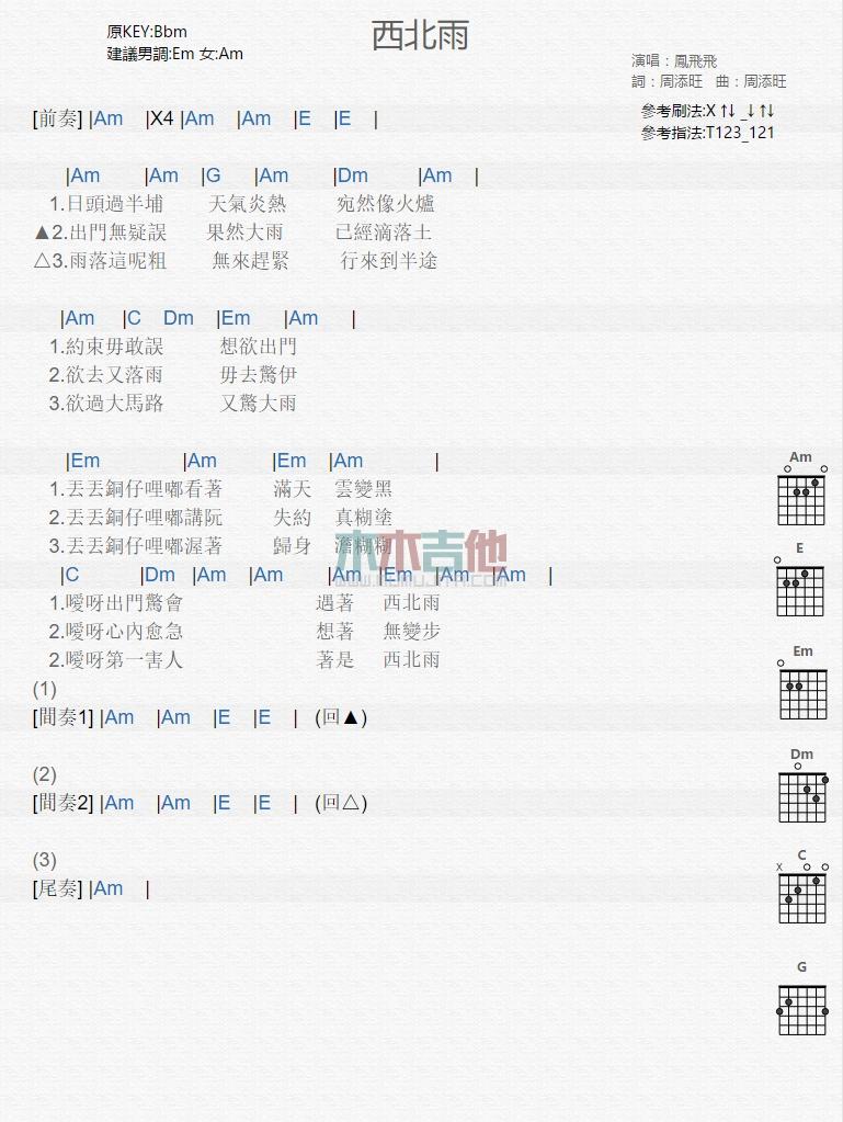 西北雨_吉他谱_凤飞飞1