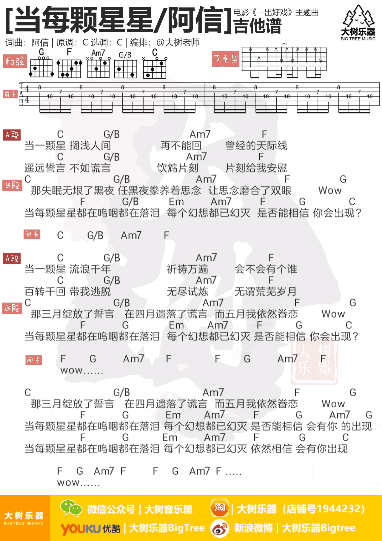 当每颗星星吉他谱 阿信VS黄渤 电影《一出好戏》主题曲1