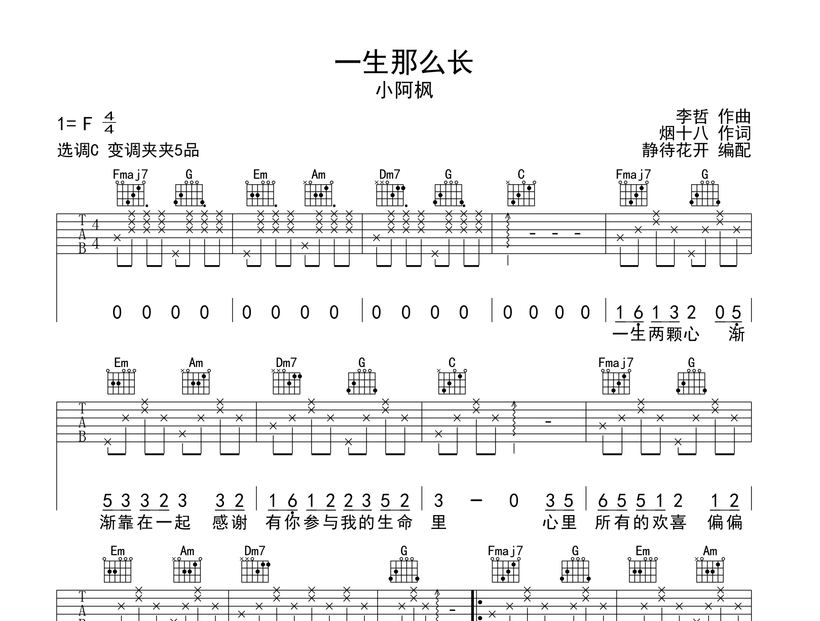 一生那么长吉他谱-小阿枫-C调原版六线谱-图片谱1