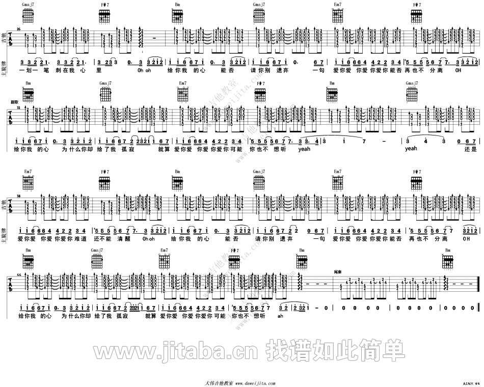 AINY爱你吉他谱 D调男生版_大伟吉他教室编配_邓紫棋2