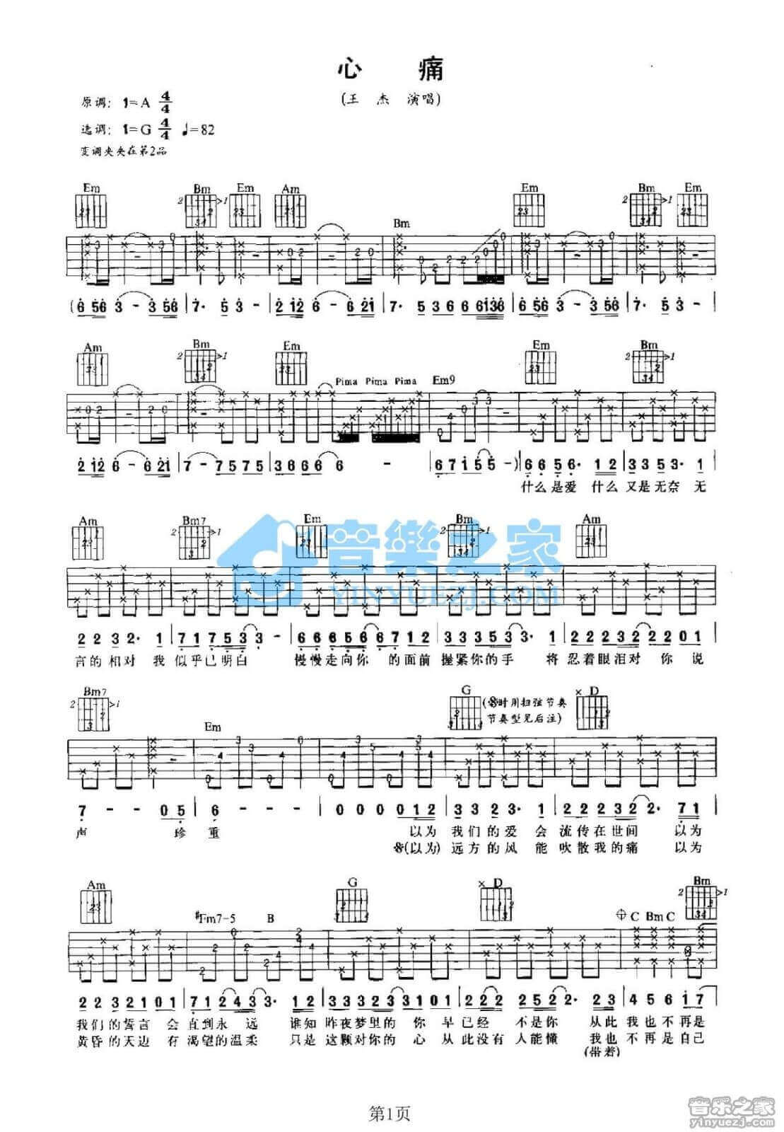 心痛吉他谱 G调简单版-王杰1