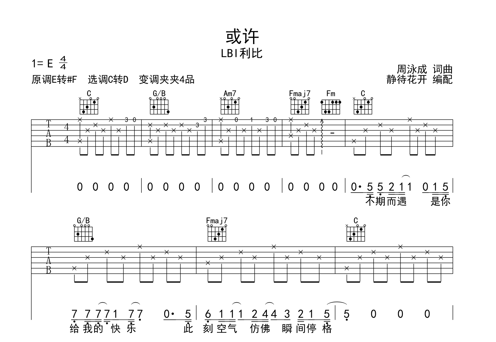 或许吉他谱-LBI利比-C转调弹唱吉他谱1