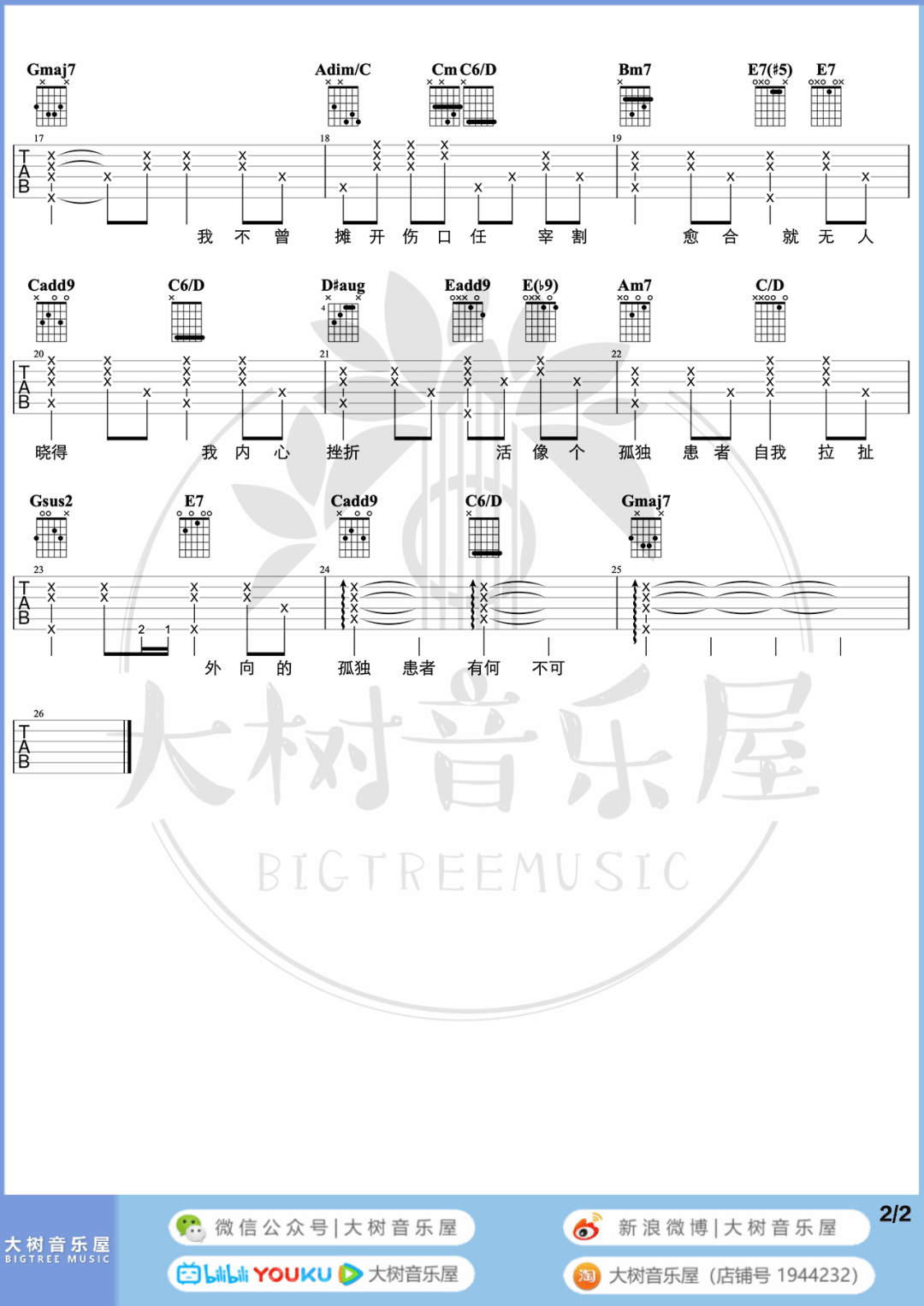 孤独患者吉他谱_陈奕迅_G调六线谱/和弦谱_吉他弹唱教学2