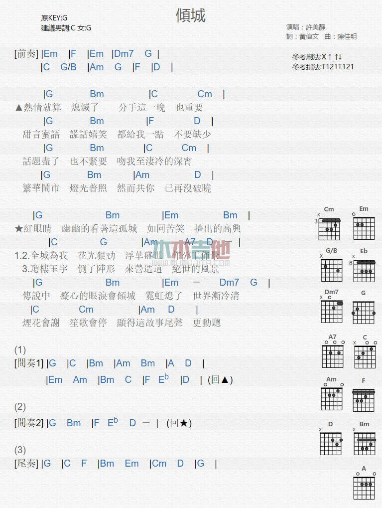 倾城吉他谱 G调和弦谱-许美静1