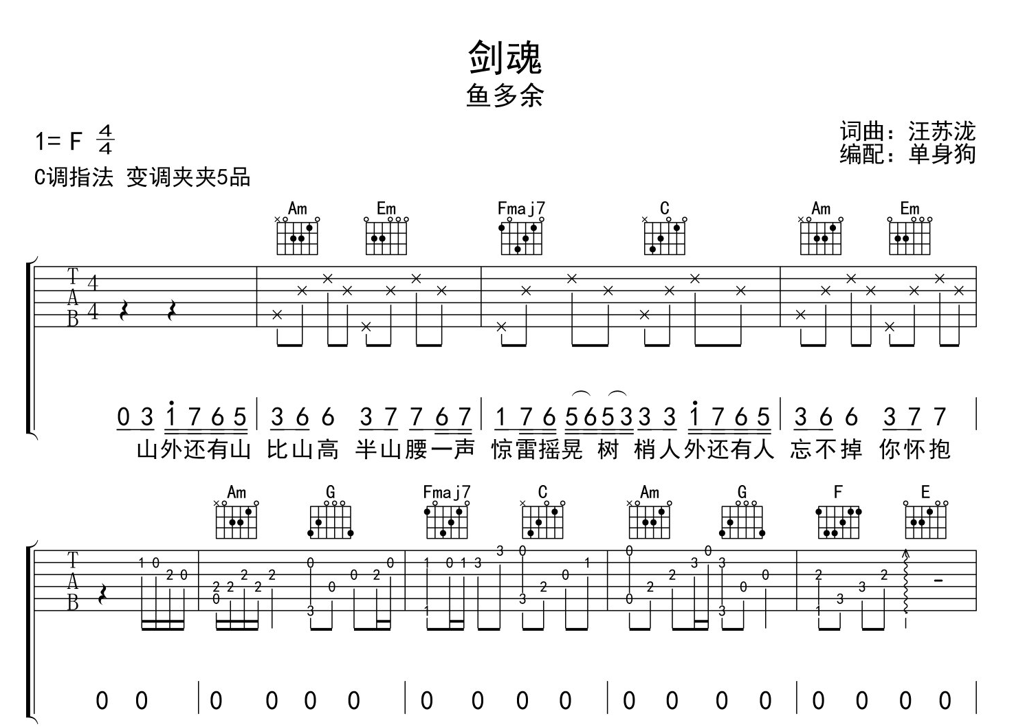 鱼多余《剑魂》吉他谱_《剑魂》C调弹唱六线谱1