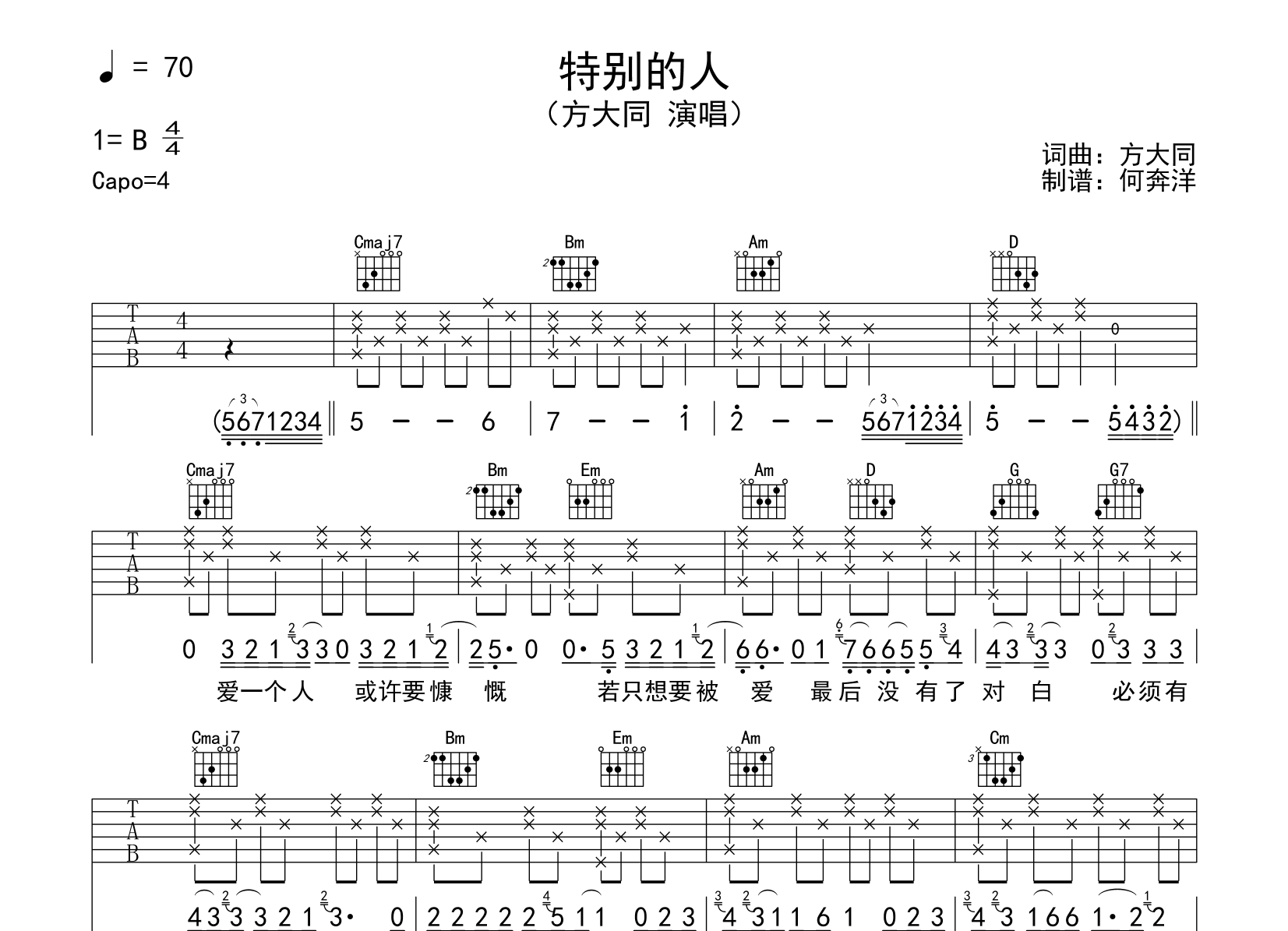 方大同《特别的人》吉他谱_G调简单原版吉他谱1