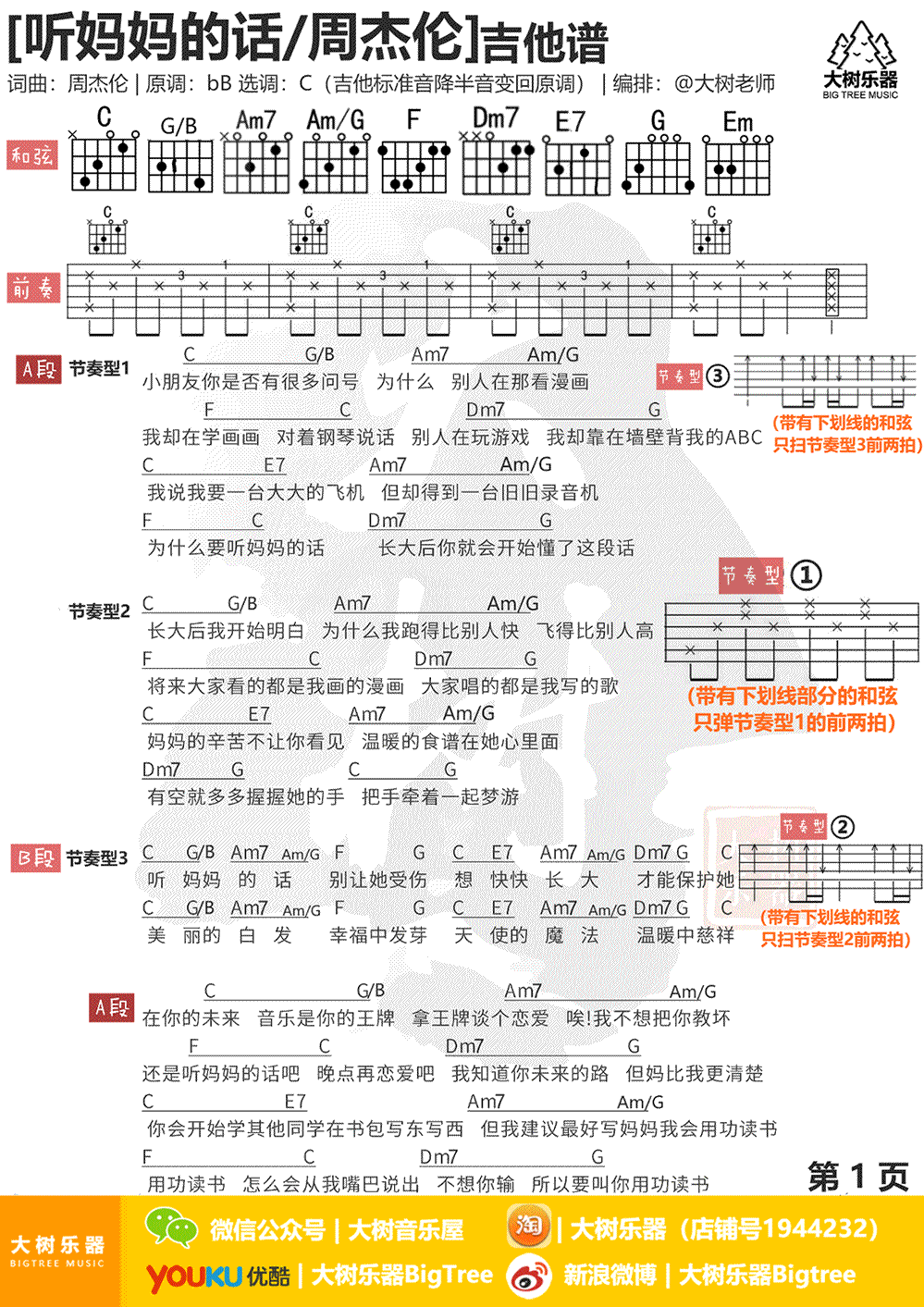 《听妈妈的话》吉他谱-周杰伦-C调六线谱-吉他弹唱教学1