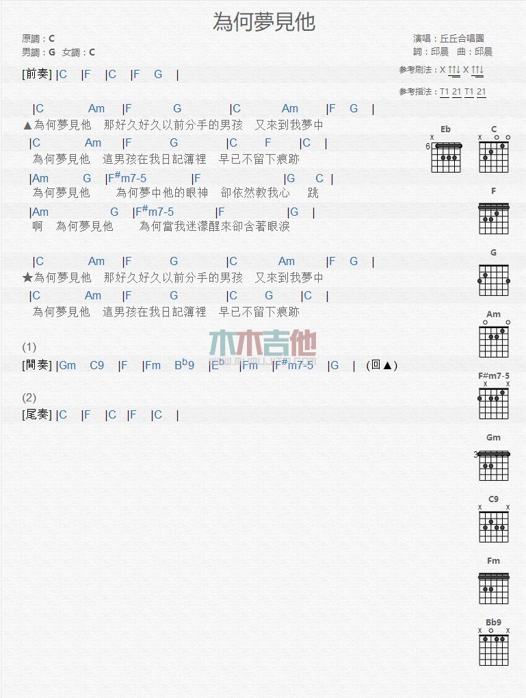 为何梦见他吉他谱_丘丘合唱团_吉他弹唱谱1