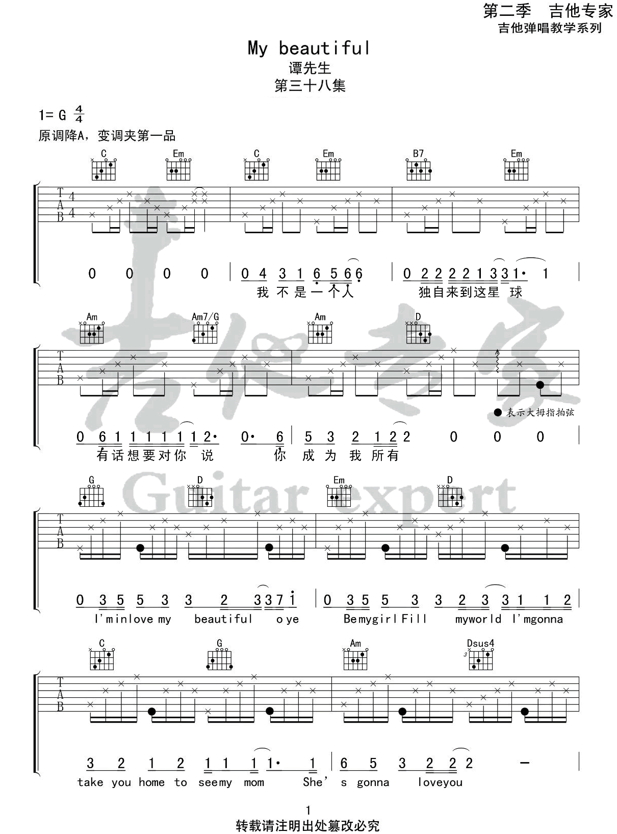 My Beautiful吉他谱_谭先生/大文_G调简单版_吉他弹唱六线谱1