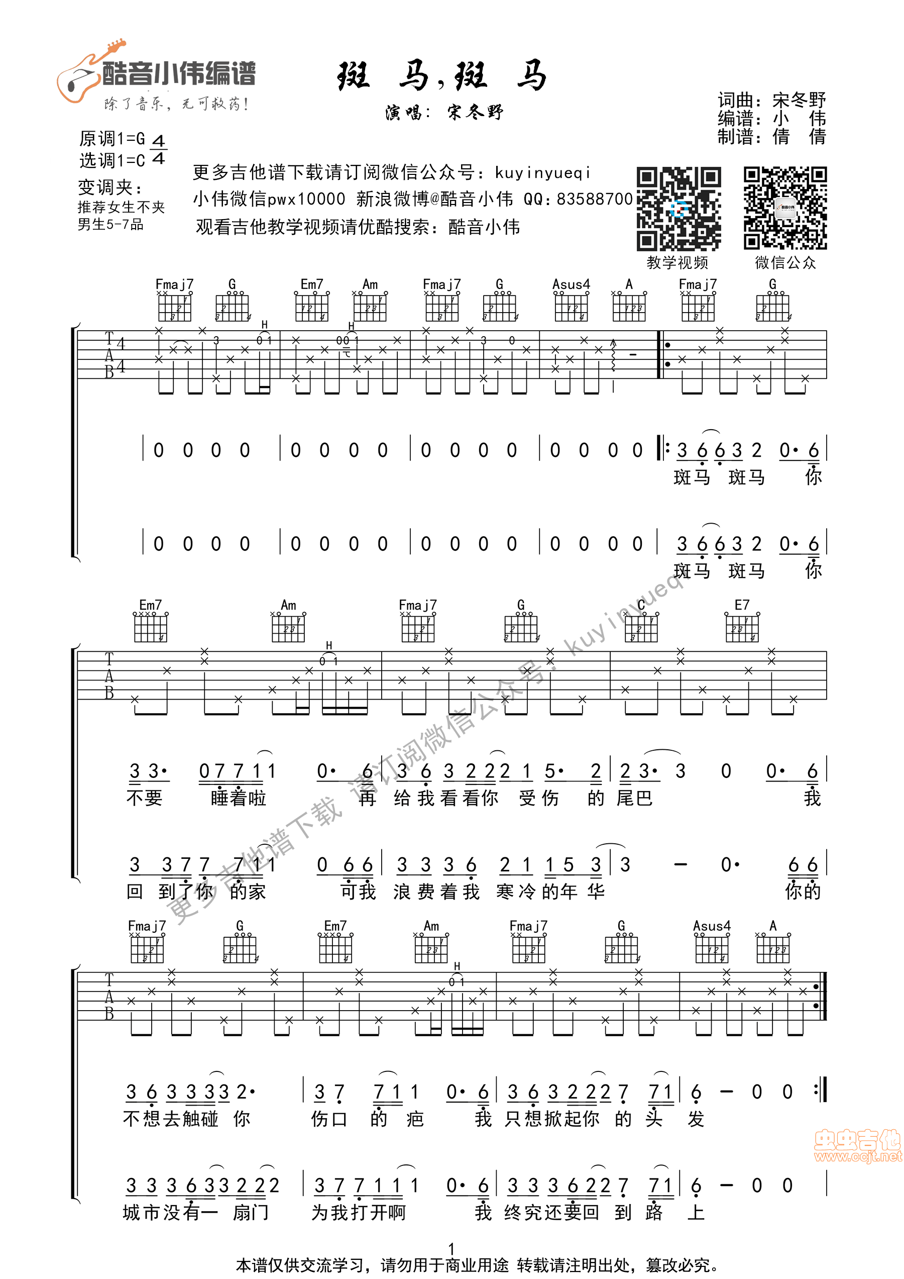 《斑马，斑马》C调带前奏间奏尾奏[超好听&简单弹]酷音小伟编谱|吉他谱|图片谱|高清|宋冬野1