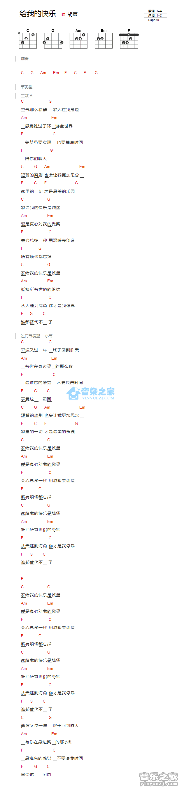 给我的快乐_吉他谱_C调版_胡夏1