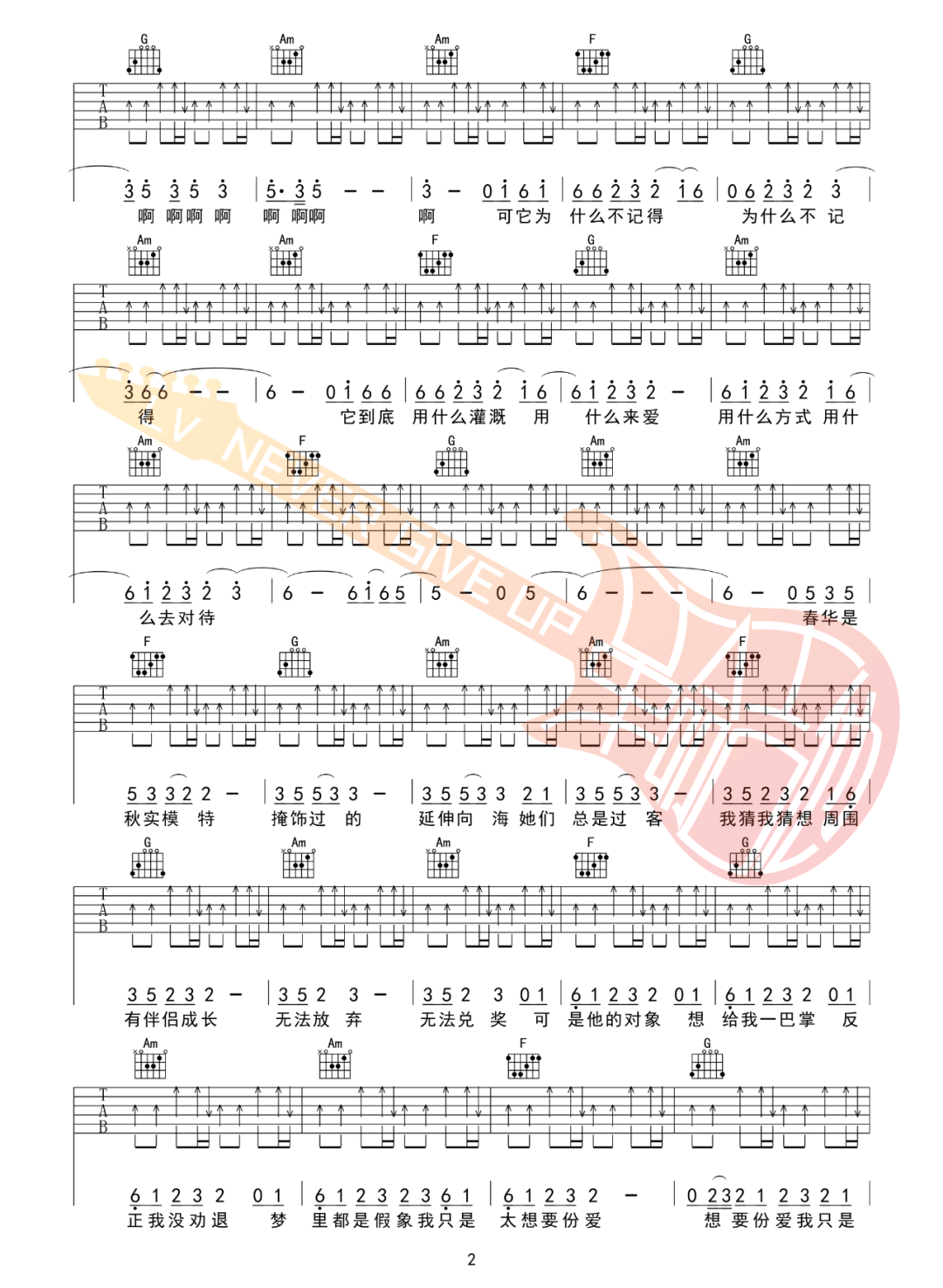 精卫吉他谱_30年前50年后_C调六线谱_吉他弹唱教学2