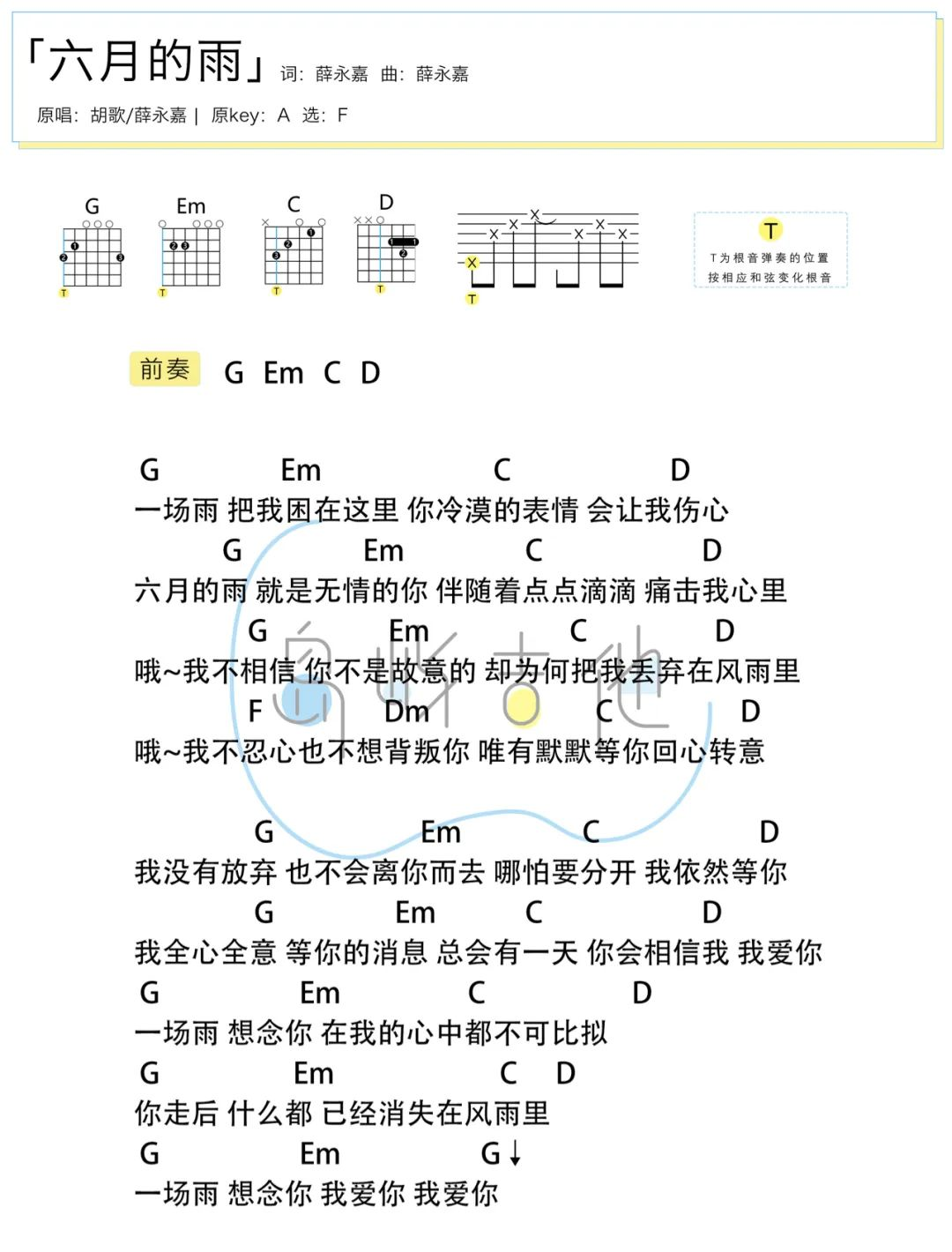 六月的雨吉他谱 胡歌  F调简易版《仙剑奇侠传》插曲1