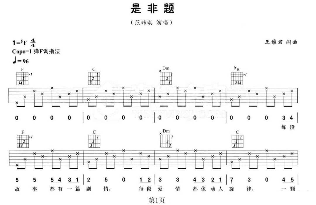 是非题吉他谱_范玮琪_《是非题》F调弹唱六线谱1