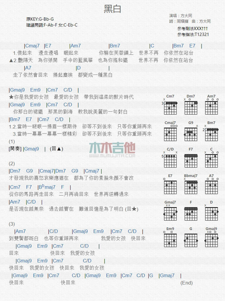 黑白吉他谱 G调和弦谱-方大同1