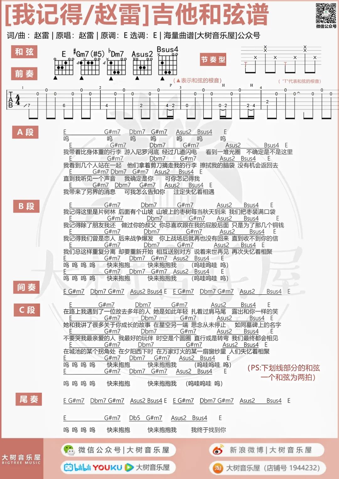 我记得吉他谱_赵雷_E调六线谱/和弦谱_吉他弹唱教学4
