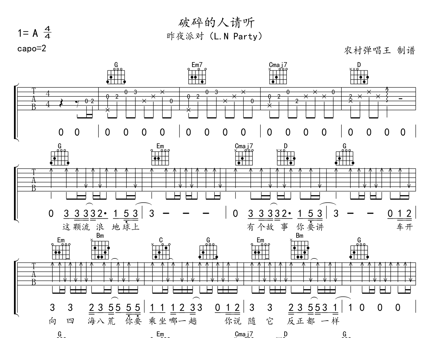 昨夜派对《破碎的人请听》吉他谱_G调吉他六线谱1