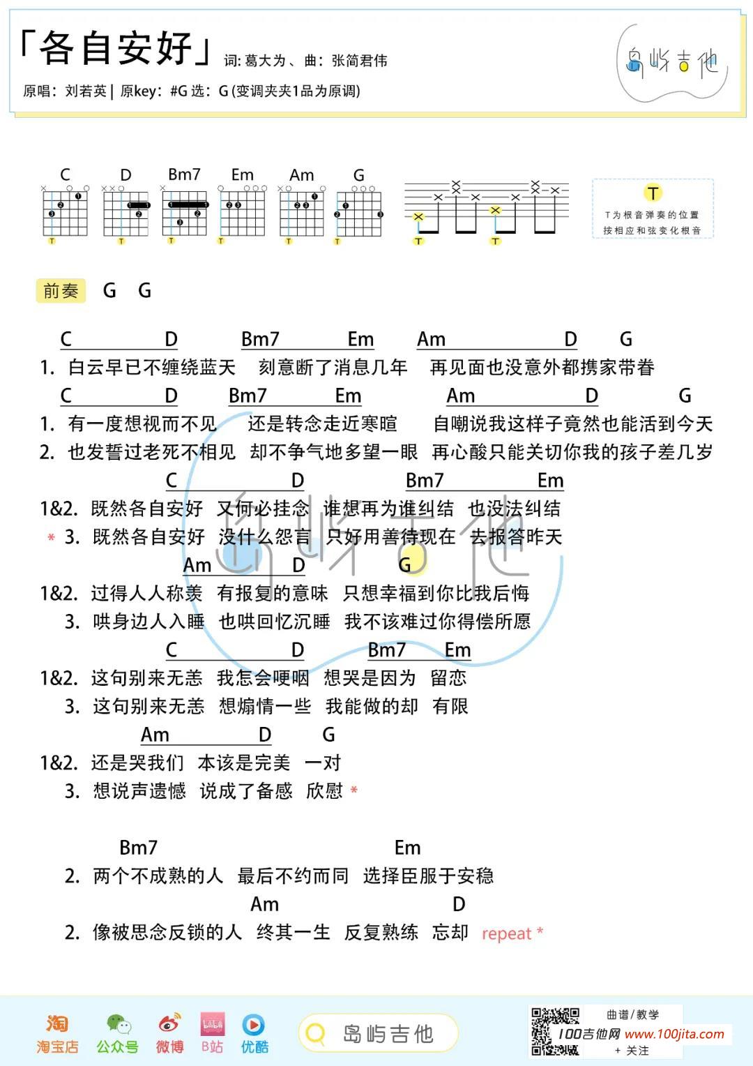各自安好吉他谱_刘若英_C调吉他弹唱谱1