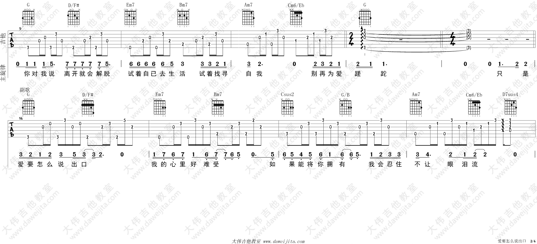 爱要怎么说出口(吉他谱)_林俊杰_G调原版六线谱_吉他弹唱教学1