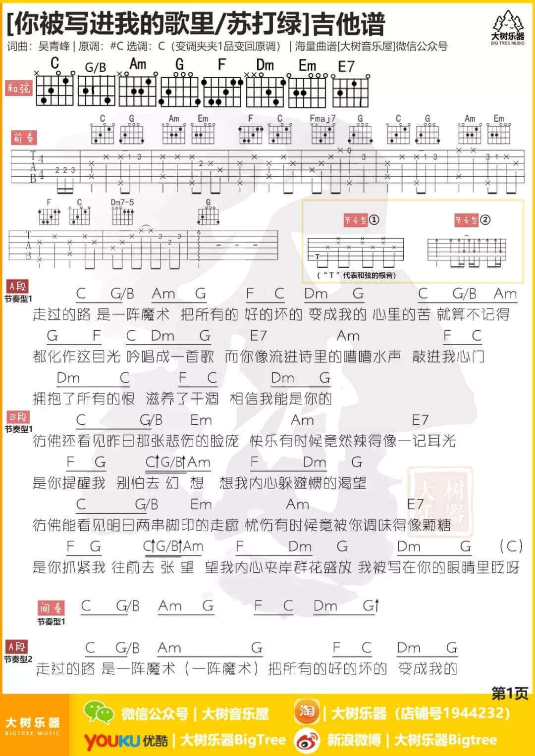 你被写进我的歌里吉他谱 C调-苏打绿1