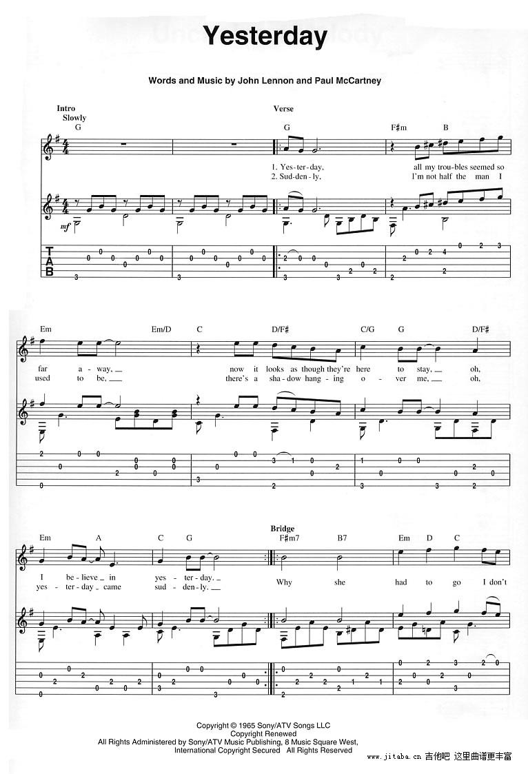 Yesterday指弹吉他谱_The Beatles(甲壳虫乐队)吉他独奏谱1