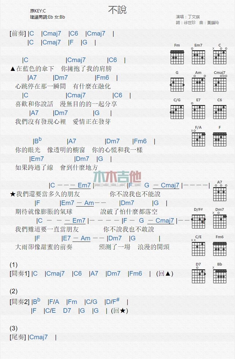 不说_吉他谱_丁文琪1