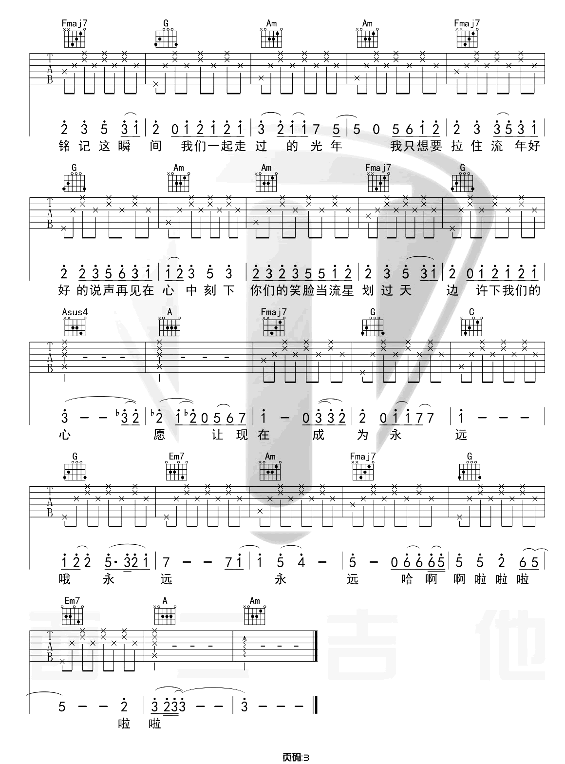 记念吉他谱_雷雨心_《记念》C调原版弹唱六线谱3