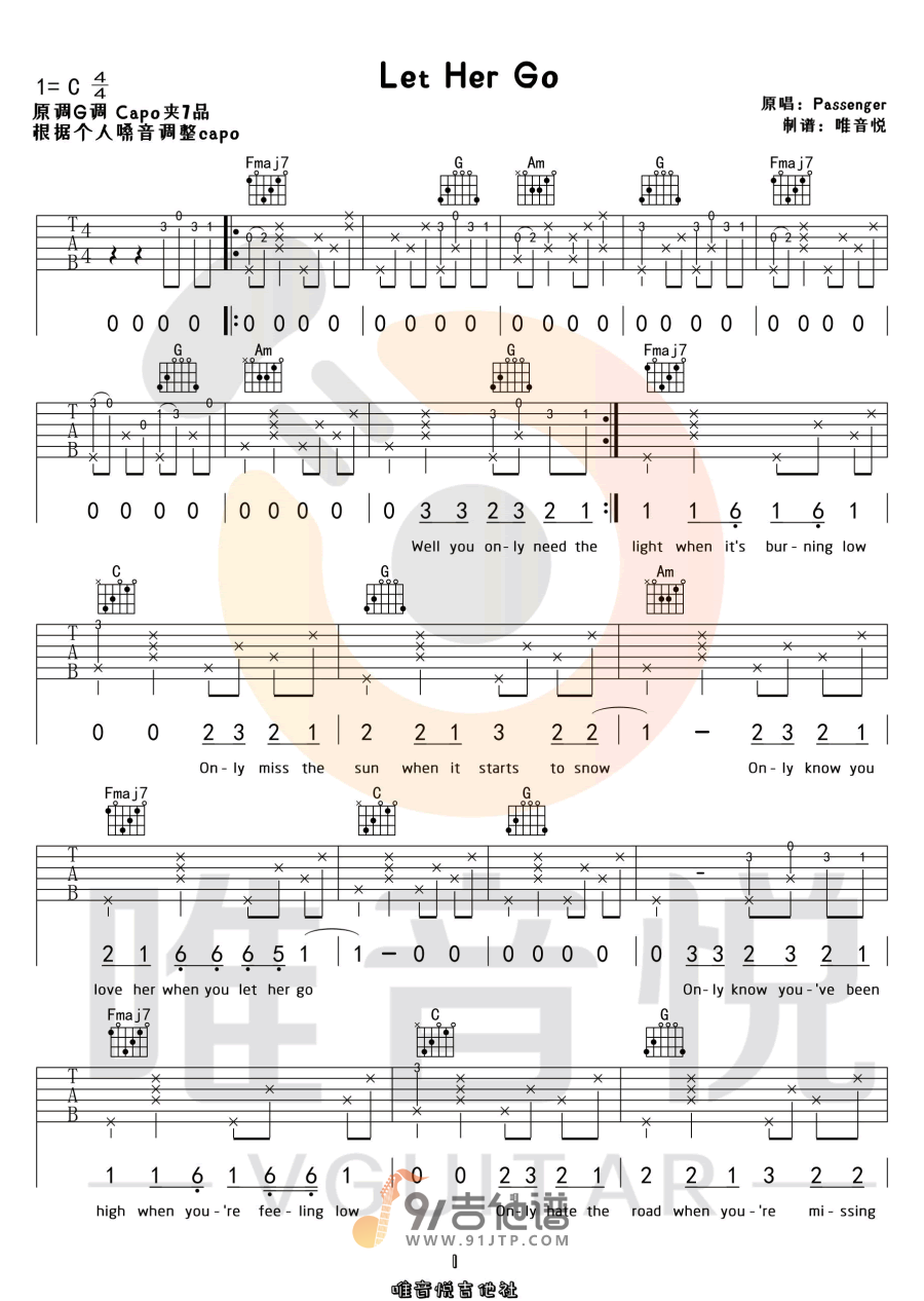 Passenger《Let Her Go》吉他谱 C调指法原版编配 民谣吉他弹唱六线谱1