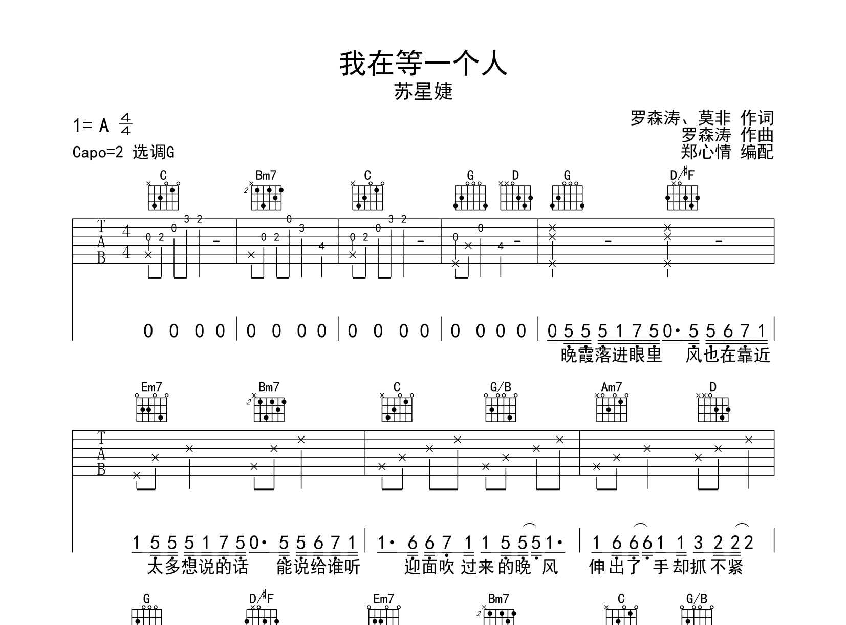 我在等一个人吉他谱-苏星捷-G调原版弹唱吉他谱1