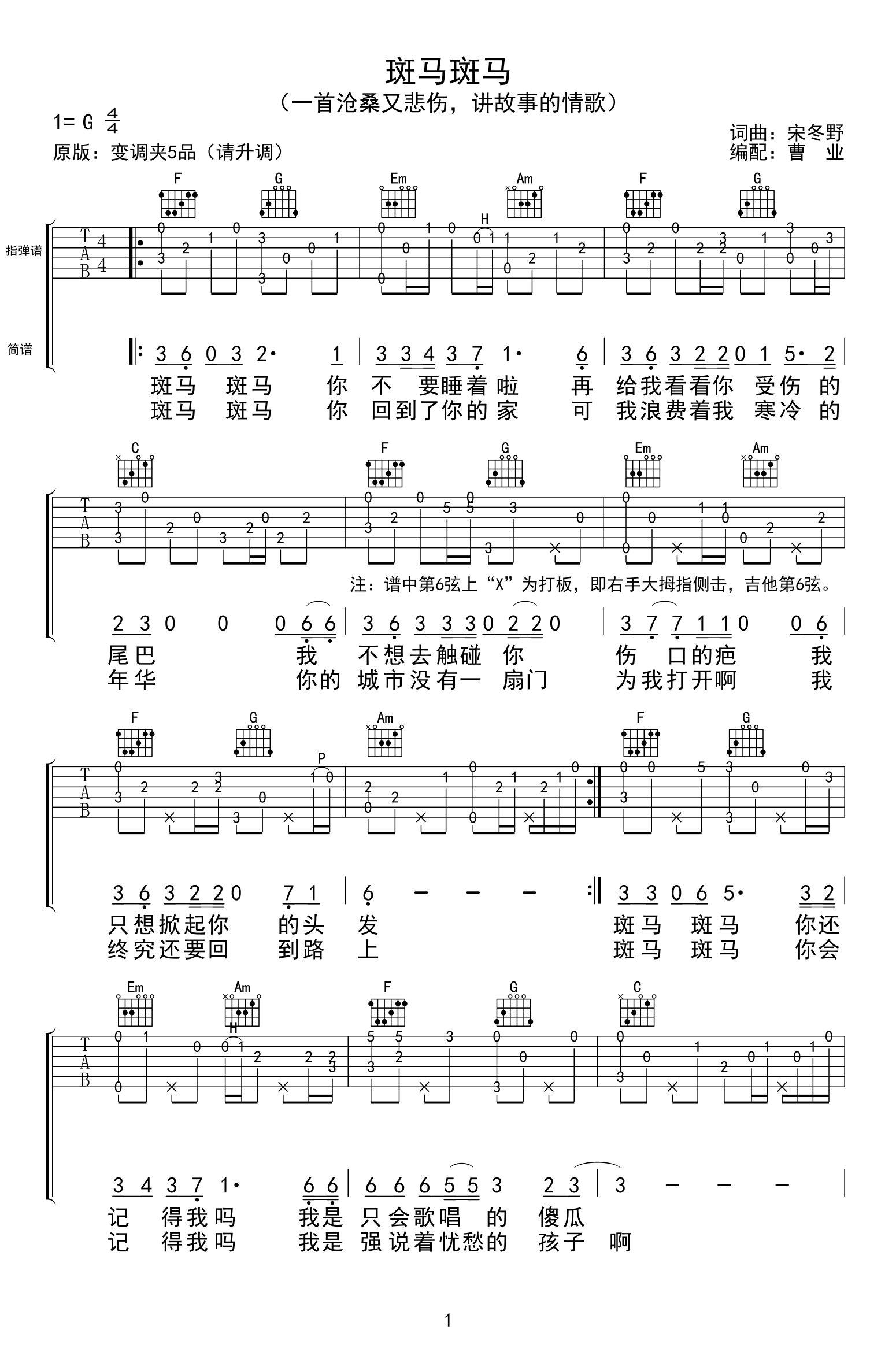 斑马斑马指弹吉他谱 宋冬野 吉他独奏谱1