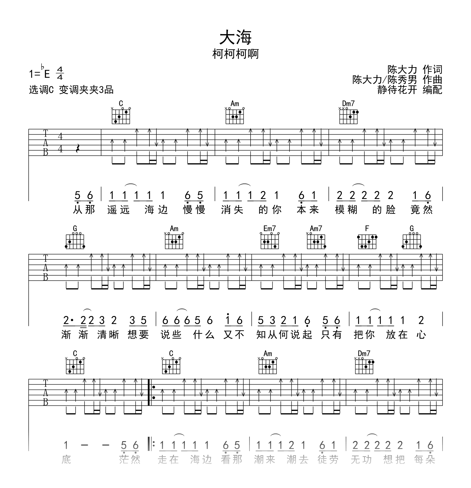 大海吉他谱_柯柯柯啊_C调扫弦版_弹唱六线谱1