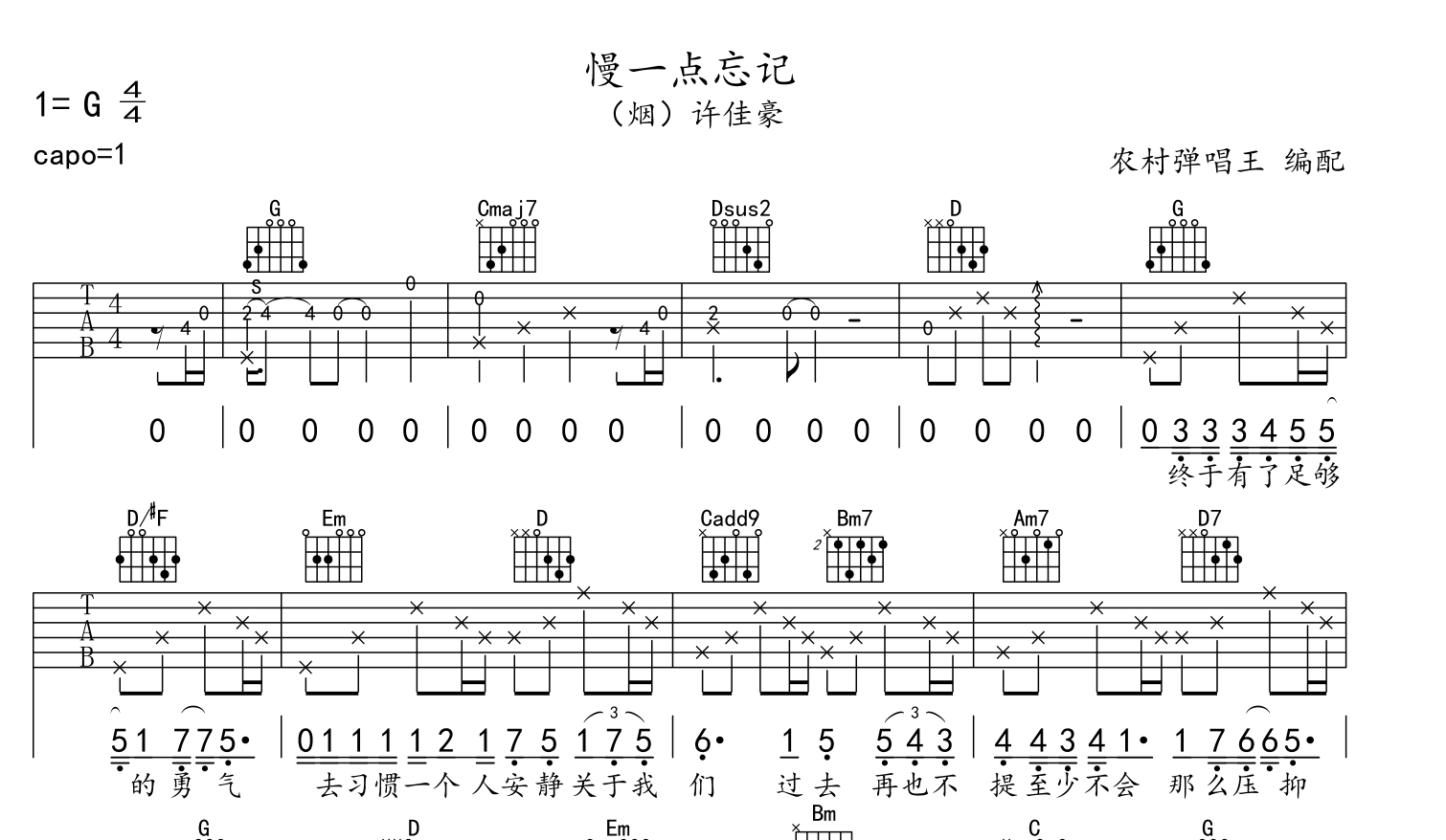 (烟)许佳豪《慢一点忘记》吉他谱_G调原版吉他谱1