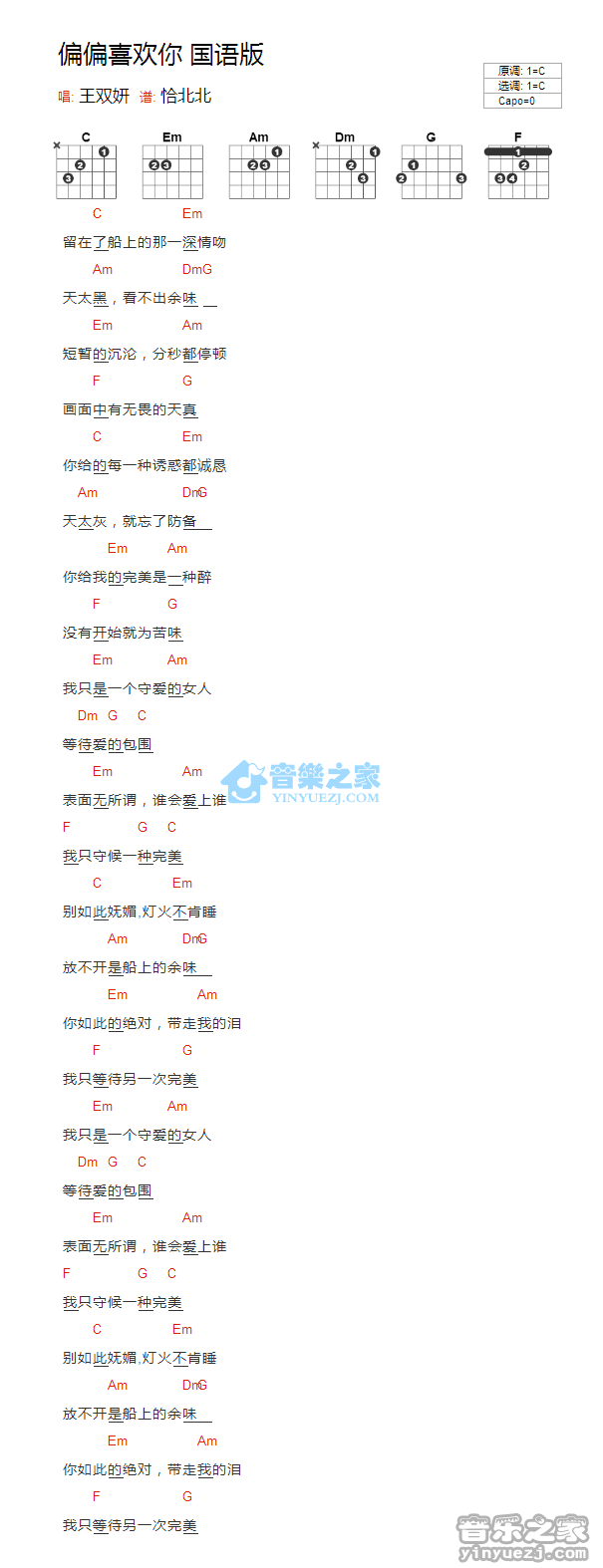 偏偏喜欢你_吉他谱_C调国语版_王双妍1