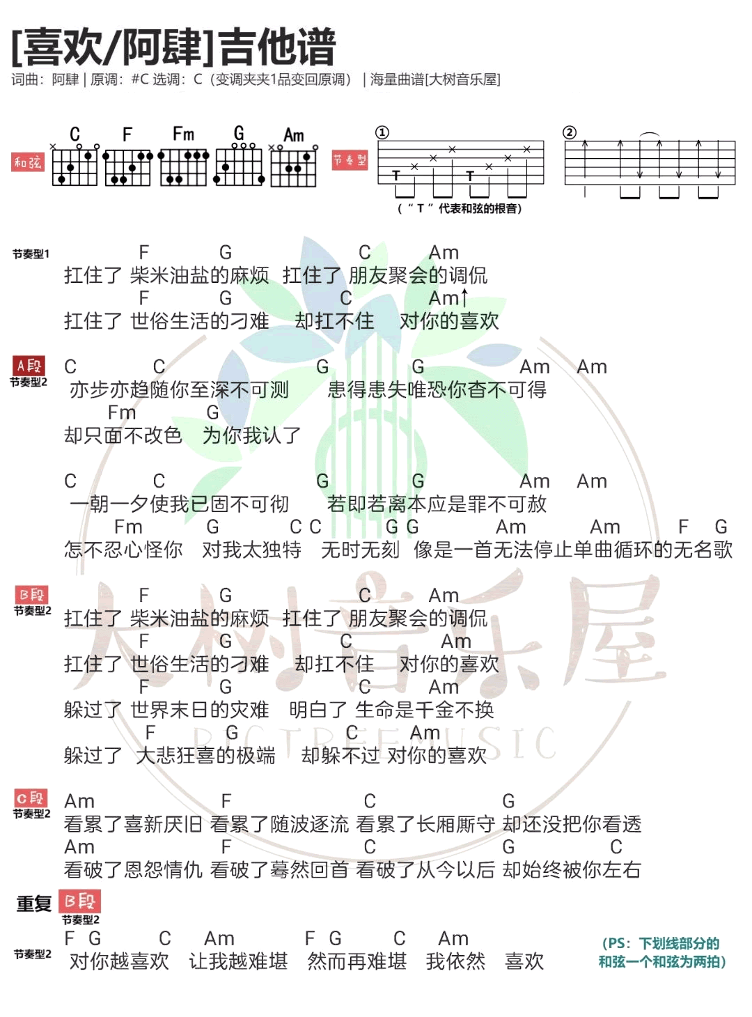 阿肆《喜欢》吉他谱-C调-和弦弹唱谱1