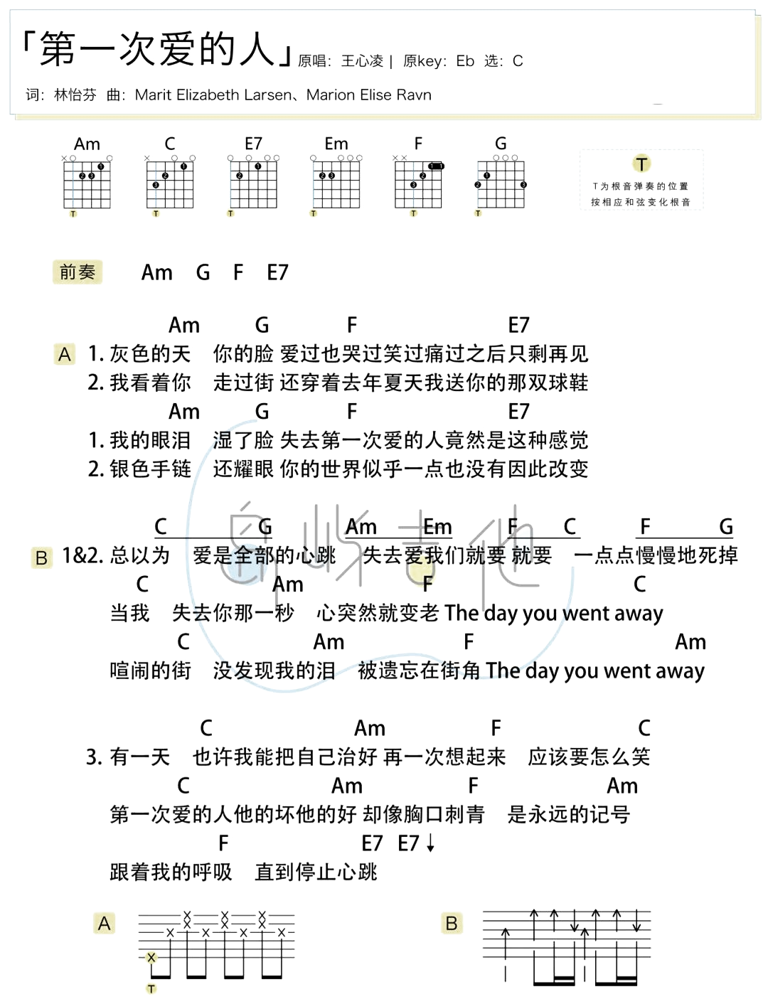 第一次爱的人吉他谱 王心凌 C调简单版六线谱_附和弦谱1