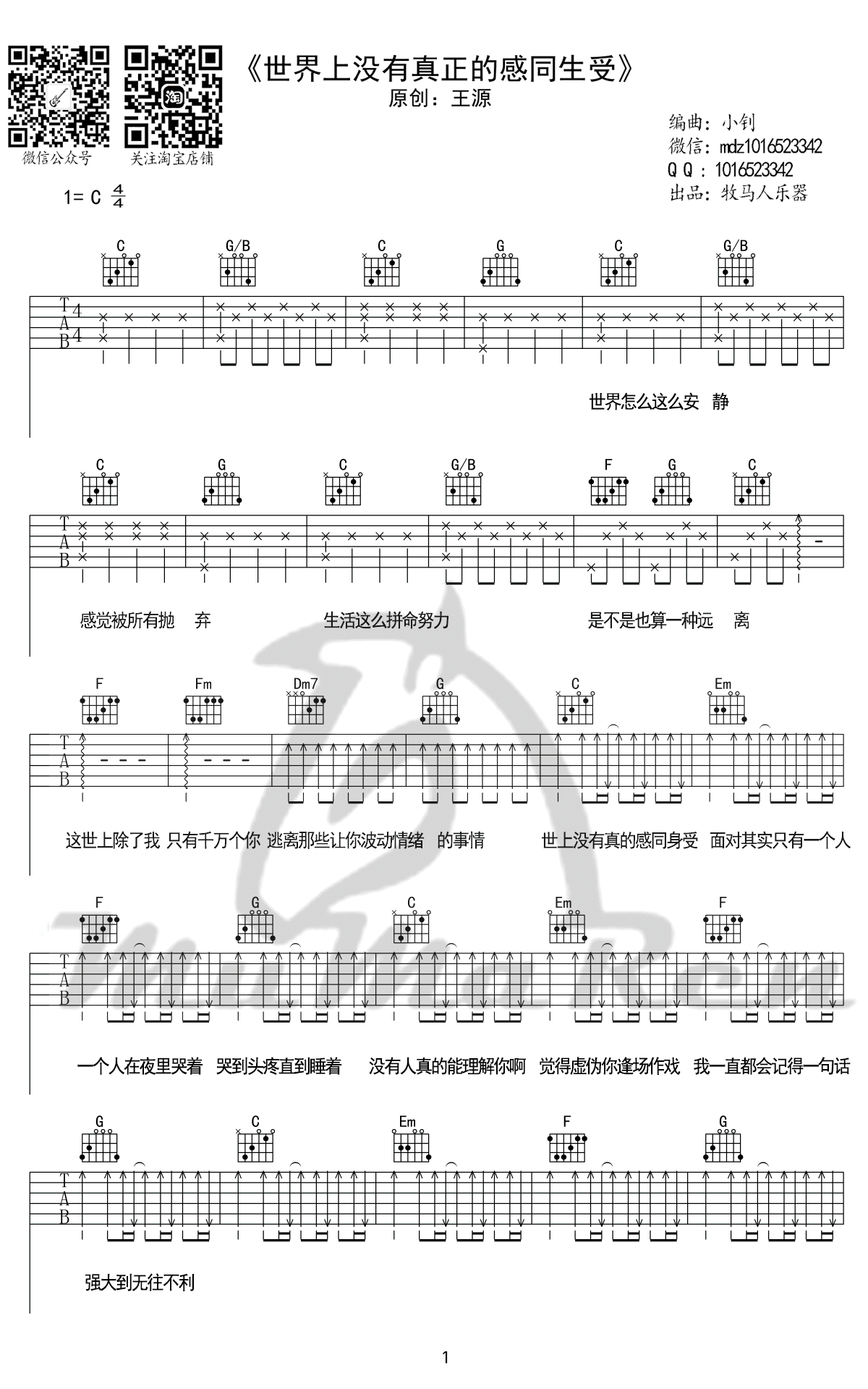 世界上没有真正的感同身受吉他谱-王源-C调弹唱谱1